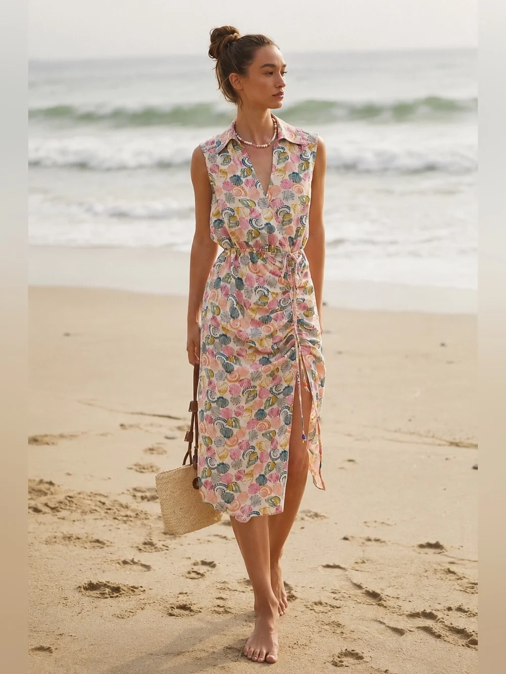 Anthropologie Linen Blend Seashell Print Midi Dress Side Slit Resort Coastal S